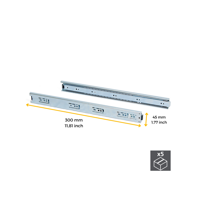 5er Satz Kugelführungen, H 45mm, T 300mm, Vollauszug, verzinkt
