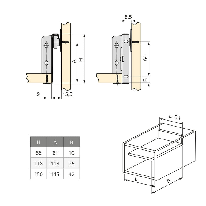 10er Satz Küchenschubladen Ultrabox, H 150mm, T 400mm, Stahl, Metallic Grau