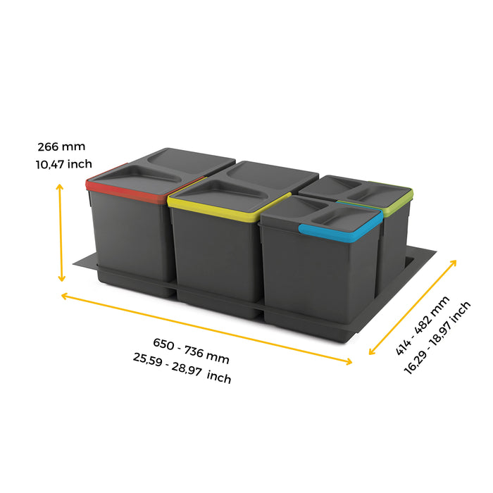 Lot Recyclingbehälter Küchenschublade Boden H 266mm, 2x15Liter, 2x7Liter, Modul 800mm, Kunststoff Anthrazitgrau